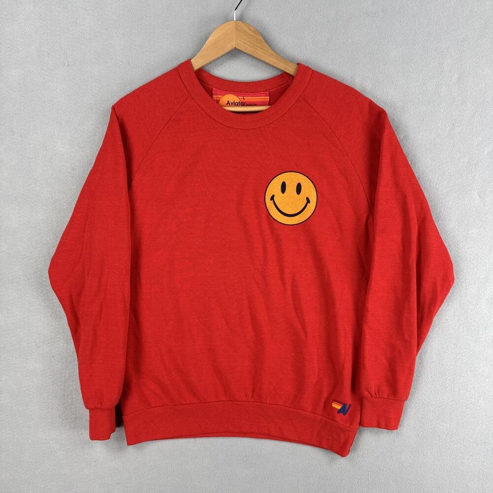 Aviator Nation Sweatshirt Mens Large Red Smiley Face Graphic Fleece Pullover